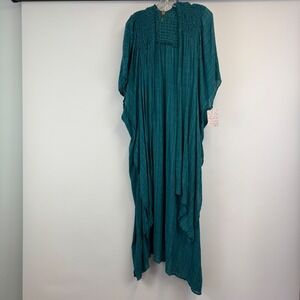 Free People Teal Gauze Smocked Kaftan Maxi Dress XS/S F18J01906 Beach Cover NWT